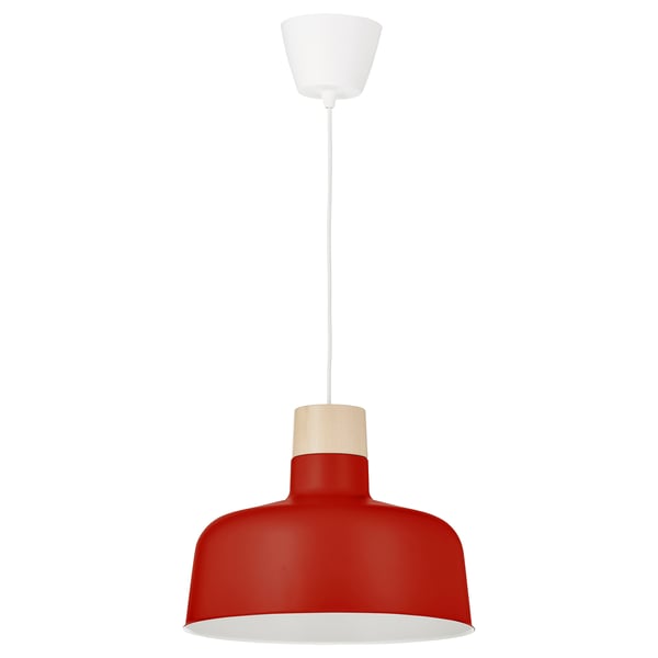 BUNKEFLO pendant, red metal shade, birch top, hangs from white cord.