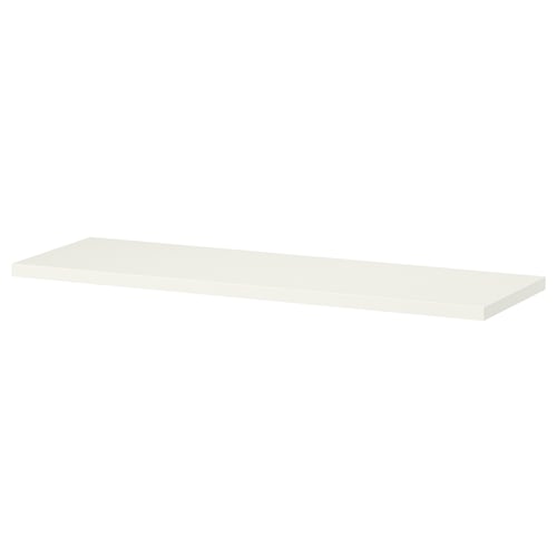 A BURHULT shelf in white, rectangular, modern minimalist design, made of particleboard & plastic.