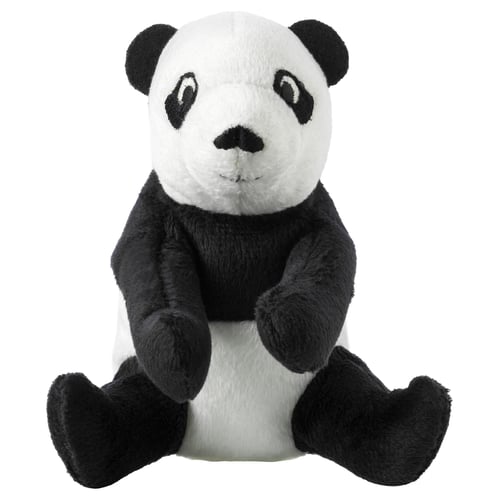 Soft panda toy, black/white, recycled polyester, cute smile, kids cuddle companion.