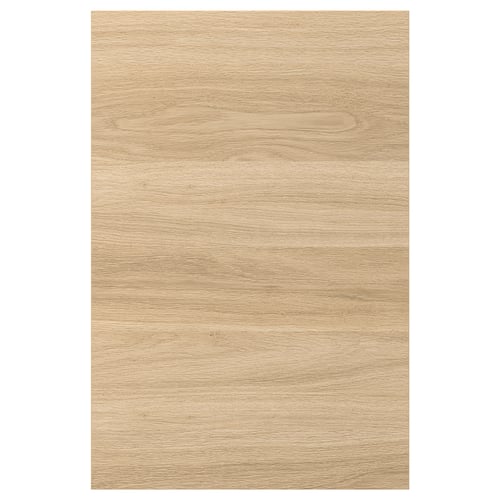 An ikea ENHET cabinet door in oak color with a particleboard core and plastic foil finish. Its rectangular, thick, and has a natural wood pattern.