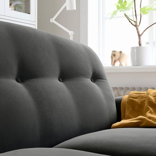 Cosy grey ESSEBODA sofa, soft chenille cover, deep seats, high back, elegant design.