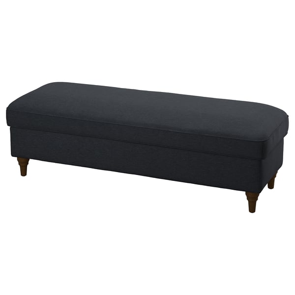 ESSEBODA bench, blue grey fabric, wooden legs, rectangular, elegant & crafted design.