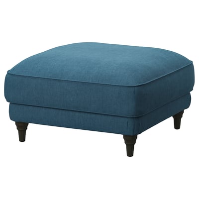 A blue ESSEBODA footstool with a square shape, upholstered in fabric, and wooden legs.