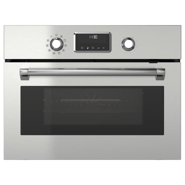 Modern silver steel oven with digital controls and a central handle, perfect for baking and grilling.