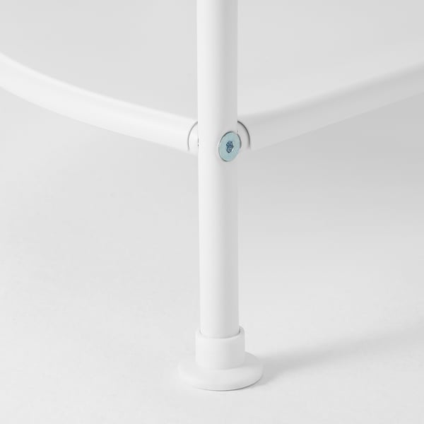 White metal shelving joint detail. Shows bolted connexion for stability.