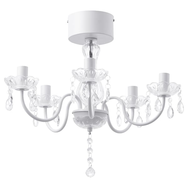 FYRTIO white chandelier with clear glass accents, decorative light, powder-coated steel arms, elegant design.