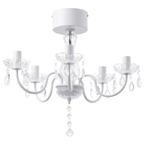 FYRTIO white chandelier with clear glass accents, decorative light, powder-coated steel arms, elegant design.
