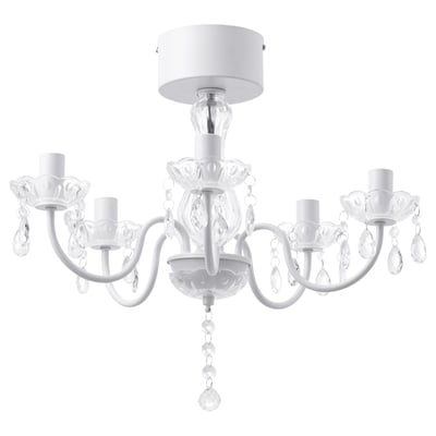 FYRTIO white chandelier with clear glass accents, decorative light, powder-coated steel arms, elegant design.