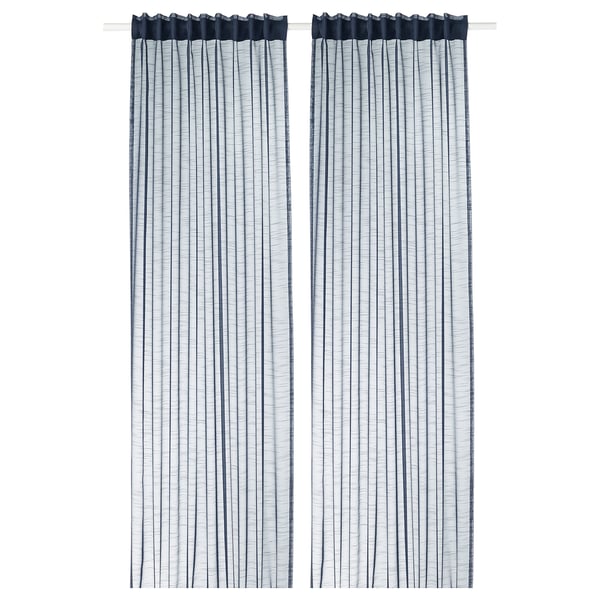 Two vertical striped blue-gray curtains with a sheer fabric for privacy and light flow, made from recycled polyester.