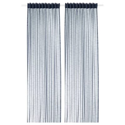 Two vertical striped blue-gray curtains with a sheer fabric for privacy and light flow, made from recycled polyester.
