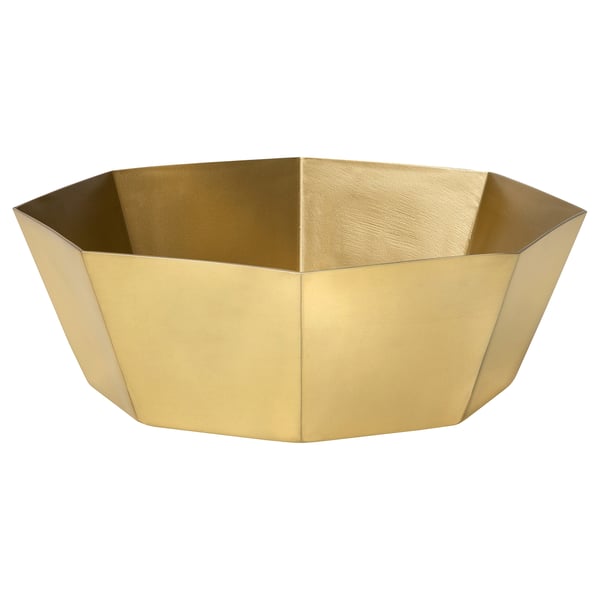 Gold-colored octagonal serving bowl, modern design, aluminium material, geometric shape.