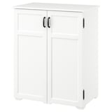 A white GREÅKER cabinet with two doors, featuring traditional design, black handles, and storage compartments.