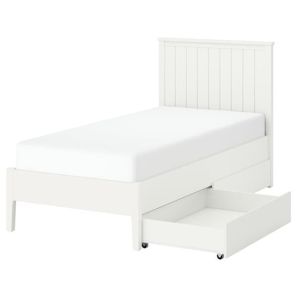 White GULLABERG bed with wooden slats, headboard, and pullout storage drawers on castors.