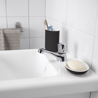 Chrome HAVSJÖN tap with soap dish & toothbrush holder, sleek & modern.