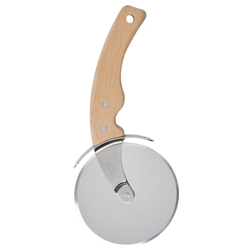 A pizza cutter named HAVSTULPAN with a wooden handle and a large, round stainless steel blade. It has a curved handle for a firm grip.