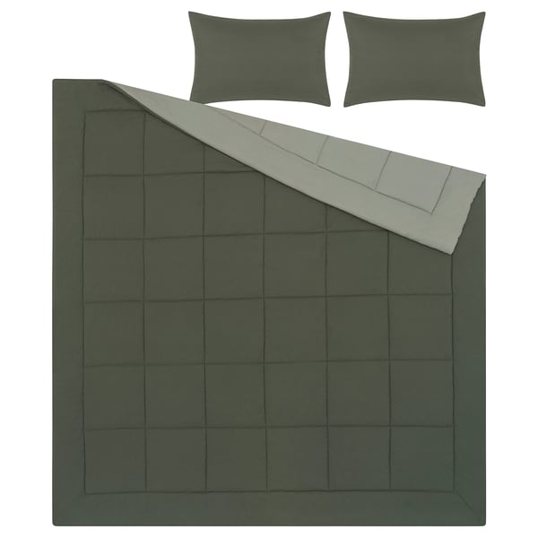 HEDFRYLE green bed set: comforter & 2 pillowcases, recycled polyester, grid pattern, soft brushed surface.