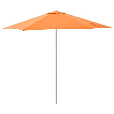 Bright orange HÖGÖN umbrella with metallic pole, fully opened, round canopy, simple design, perfect for sunny days.