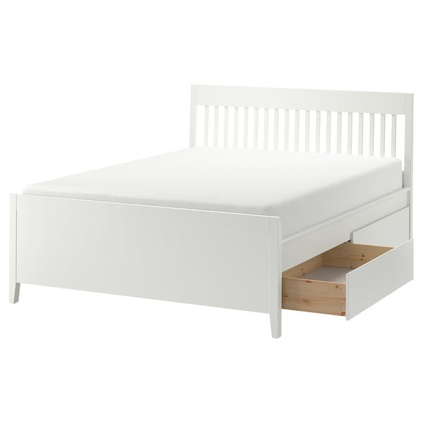 IDANÄS white bed, sleek design with under-bed storage drawers.