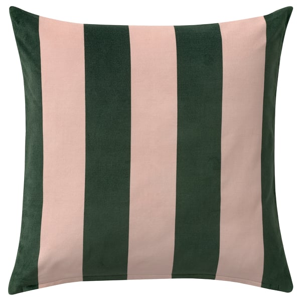 Square throw pillow, pink & green stripes, soft cotton velvet.
