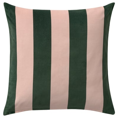 Square throw pillow, pink & green stripes, soft cotton velvet.