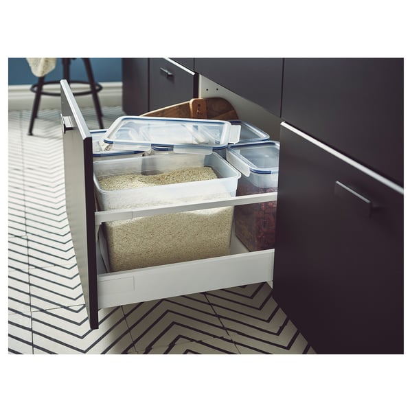 IKEA 365+ clear food containers in drawer, storing cereals and snacks, organised and sealed.