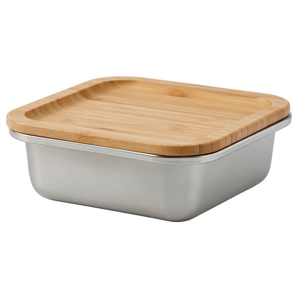 IKEA 365+ stainless steel food container with bamboo lid. Rectangular, sleek design. Ideal for storing and reheating food.