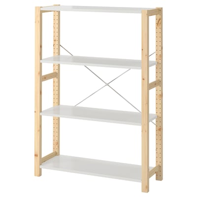 IVAR pine wood bookshelf, 3 white shelves, angled brace support, minimalist design.