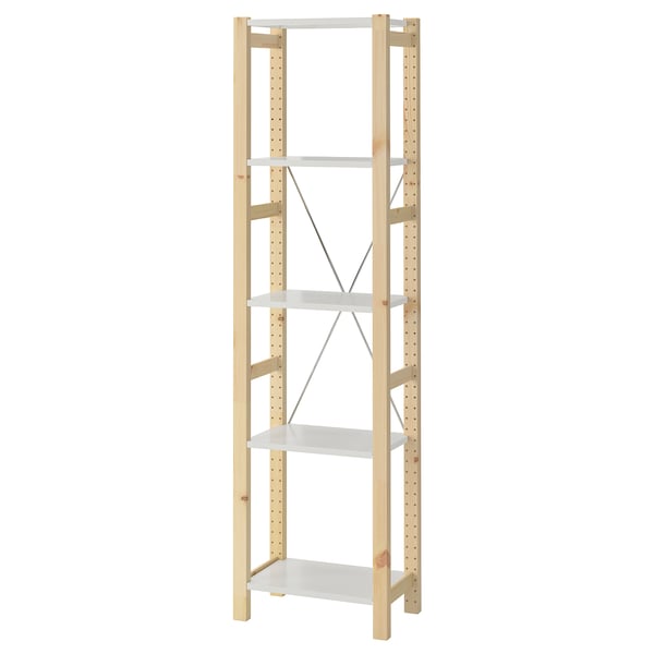 IVAR pine shelf unit, light wood, 5 tiered sections, simple design.