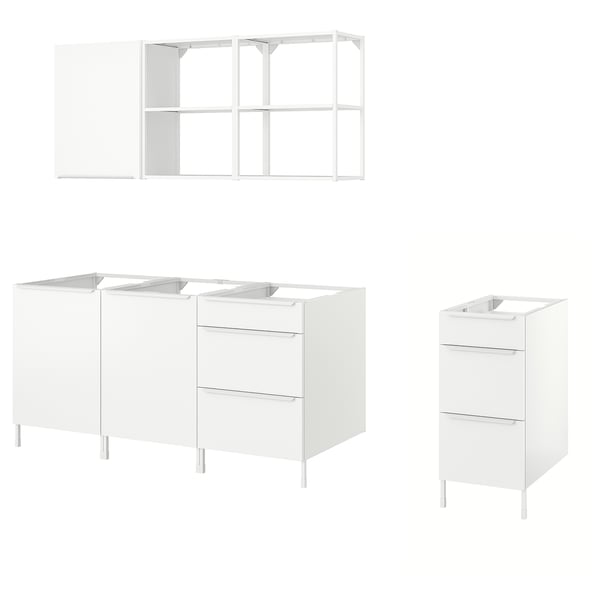 White JÄRNBODA kitchen set: wall, base & sink cabinets, powder-coated steel.