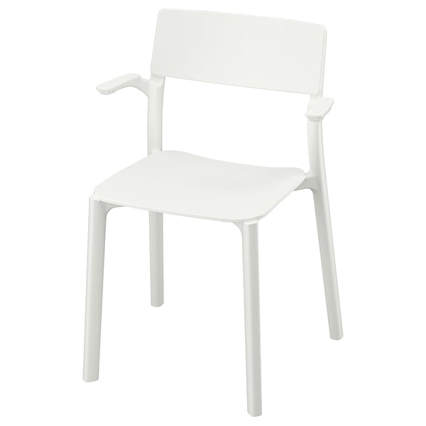 A JANINGE chair in white. Made of reinforced polypropylene, it a sleek, modern design with armrests and is ready to use.