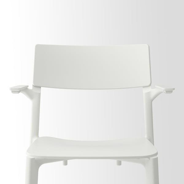 A sleek, white plastic chair with a comfortable back and armrests, showcasing modern design and durability.