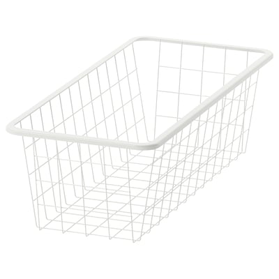 A white JONAXEL wire storage basket. Its rectangular, with a grid design, suitable for storing clothes or accessories.
