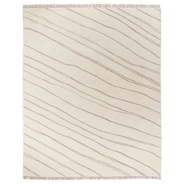 Julgransgras rug: beige & cream stripes, hand-knotted wool, natural fibres, rectangular shape, soft sand texture.