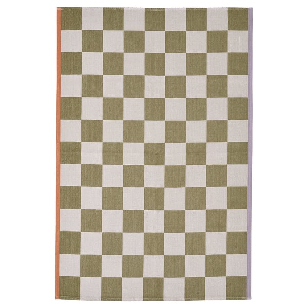KLASSRUM orange-green checkerboard rug, vibrant, square, cotton-polyester, flat-weave design.