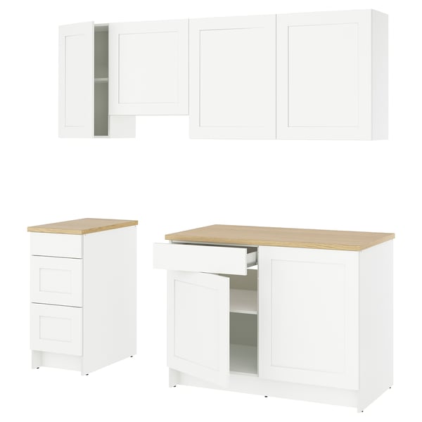 A KNOXHULT white kitchen unit set with wooden countertops, featuring base drawers, open-door counters, and wall cabinets for ample storage.