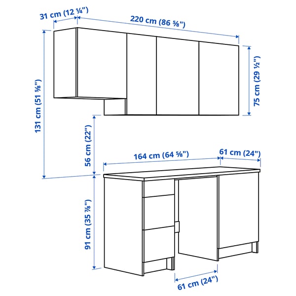 KNOXHULT Kitchen, white frame, 220x61x220 cm