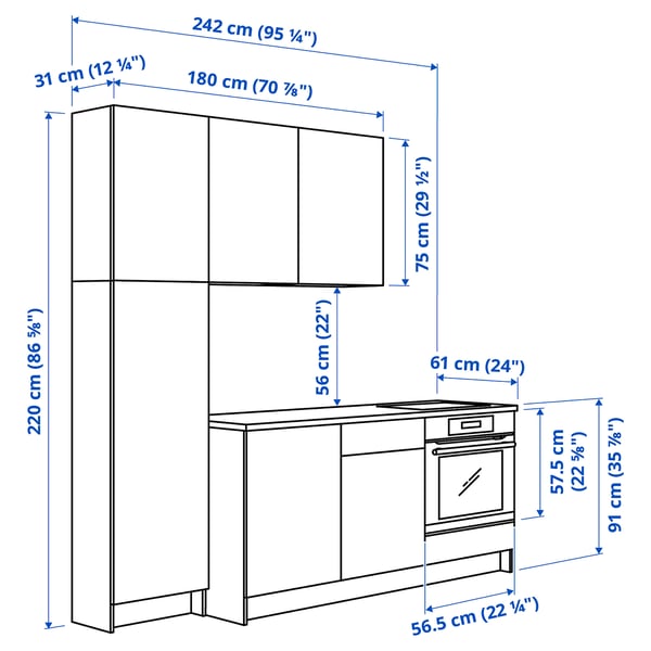 KNOXHULT Kitchen, white frame, 240x61x220 cm