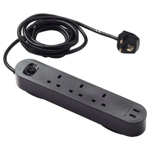 KOPPLA black surge protector, oval shape, four outlets, two usb ports, made of polycarbonate.
