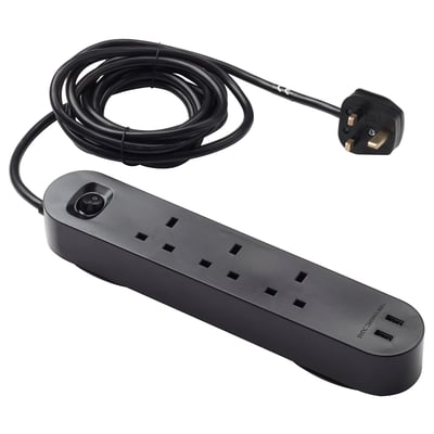 KOPPLA black surge protector, oval shape, four outlets, two usb ports, made of polycarbonate.