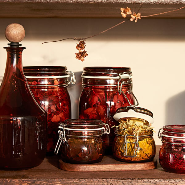 Glass jars, red, shelf, herbs, jams.