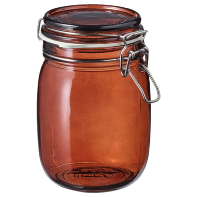 KRÖSAMOS brown glass jar with wire clamp lid, square shape, glossy finish.