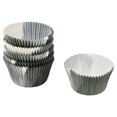 Two stacks of grey and white bakeware cupcake liners, made from bleached chlorine-free paper with silicone treatment, ruffled design.