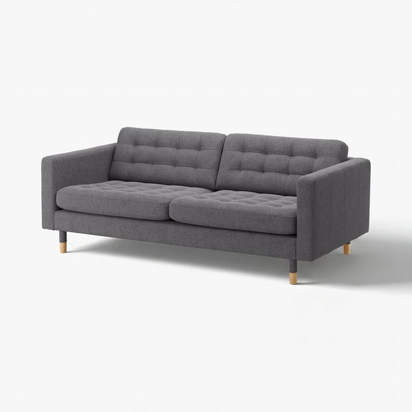 A grey LANDSKRONA sofa with tufted seats and back, wooden legs, and a modern design.