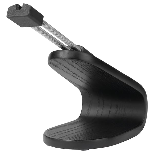 Black desk accessory, LÅNESPELARE mouse bungee, stainless steel spring, birch veneer base.