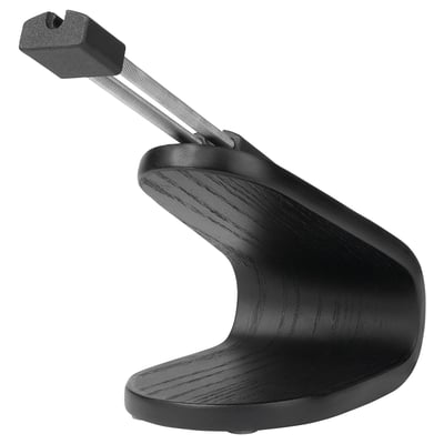 Black desk accessory, LÅNESPELARE mouse bungee, stainless steel spring, birch veneer base.