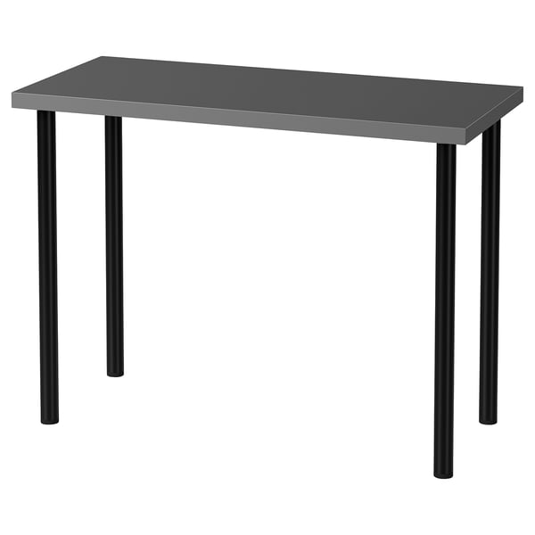 Black LINNMON desk, minimalist design with rectangular top and four metallic legs.