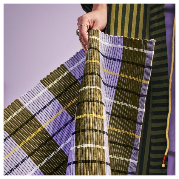 MÄVINN handwoven rugs in green and white stripes. Soft, cotton, small mats perfect for easy decor.