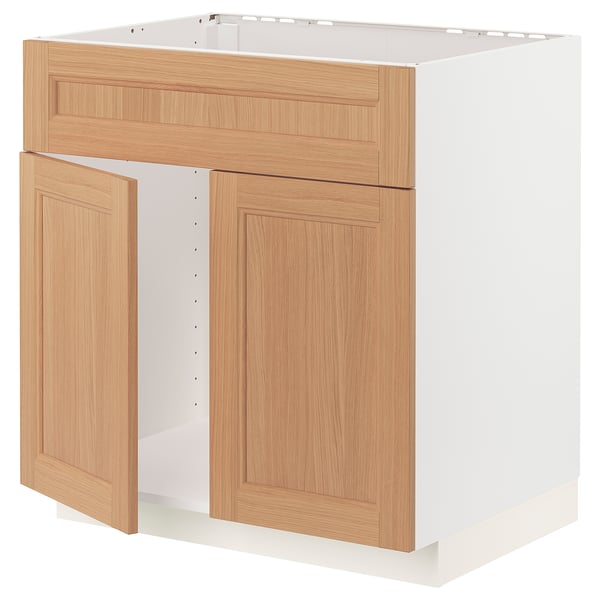 White METOD kitchen cabinet, light oak finish, two doors, simple modern design.