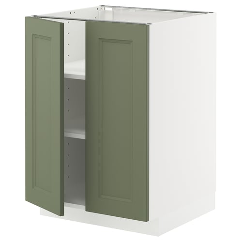 Green two-door kitchen cabinet with white frame, modern design.