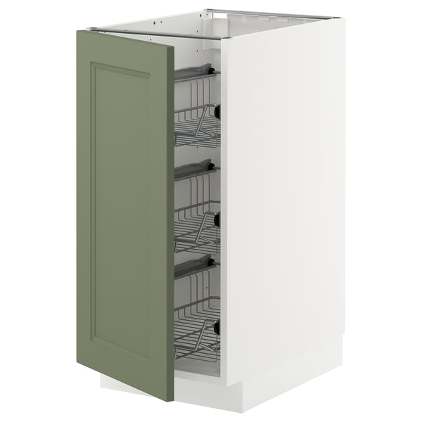 Modern green kitchen cabinet with pull-out racks.